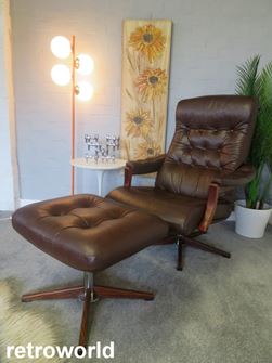 Vintage Retro Leather & Bentwood Swivel Armchair and Footstool